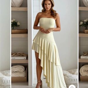 Elegant Strapless Asymmetrical Dress in Yellow